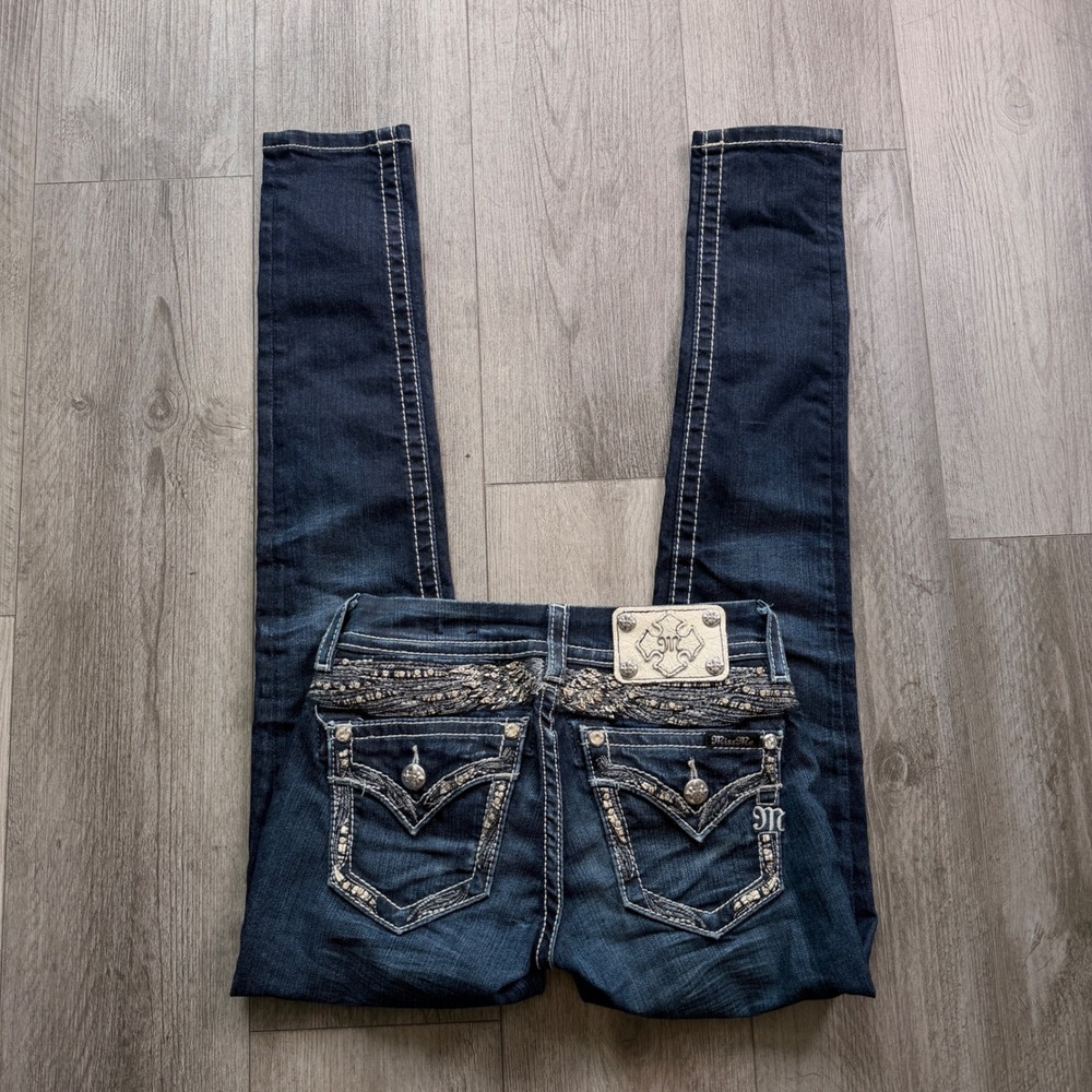 Y2K Miss Me Signature Skinny Jeans Womens 24 Dark Wash Embellished